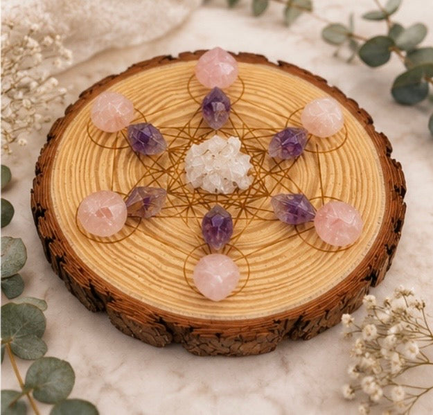 Engraved Metatron’s Cube Wood Slice – 22cm Sacred Geometry Crystal Display