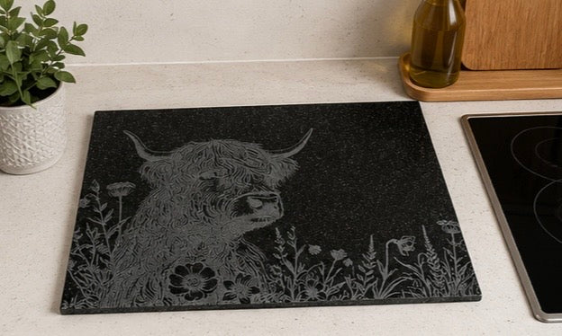 Engraved Highland Cow Granite Counter Protector – 40x30cm