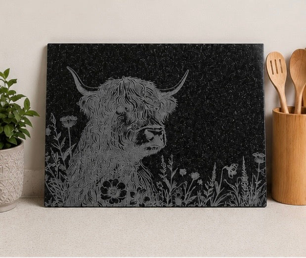 Engraved Highland Cow Granite Counter Protector – 40x30cm