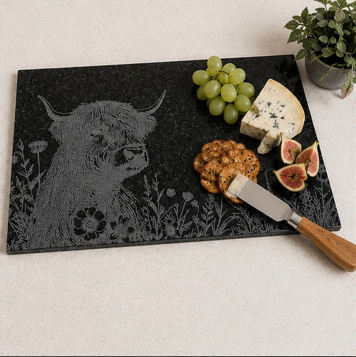 Engraved Highland Cow Granite Counter Protector – 40x30cm