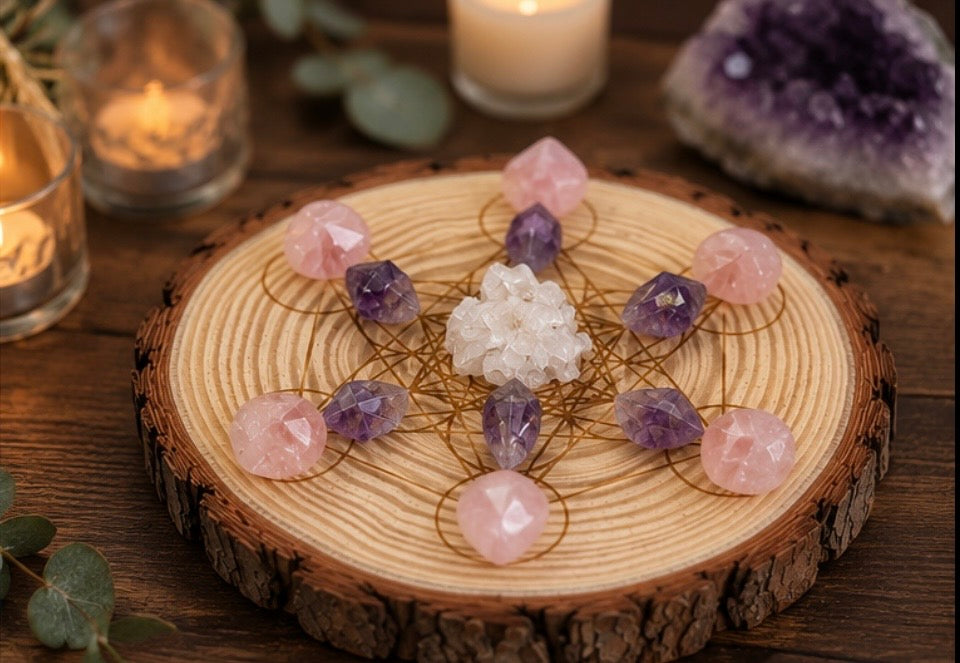 Engraved Metatron’s Cube Wood Slice – 22cm Sacred Geometry Crystal Display
