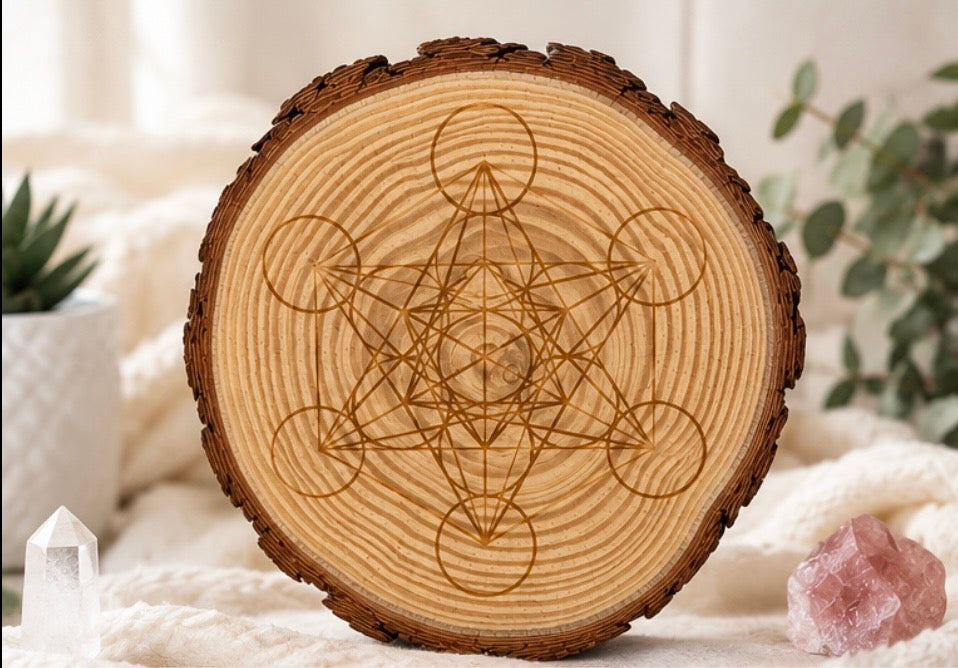 Engraved Metatron’s Cube Wood Slice – 22cm Sacred Geometry Crystal Display
