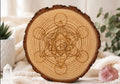 Engraved Metatron’s Cube Wood Slice – 22cm Sacred Geometry Crystal Display