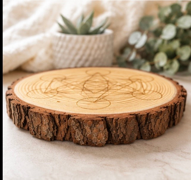 Engraved Metatron’s Cube Wood Slice – 22cm Sacred Geometry Crystal Display