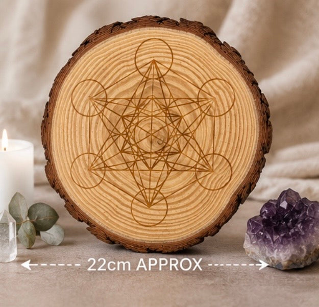 Engraved Metatron’s Cube Wood Slice – 22cm Sacred Geometry Crystal Display