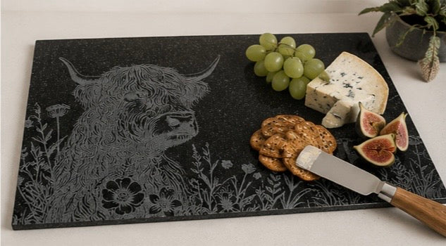 Engraved Highland Cow Granite Counter Protector – 40x30cm